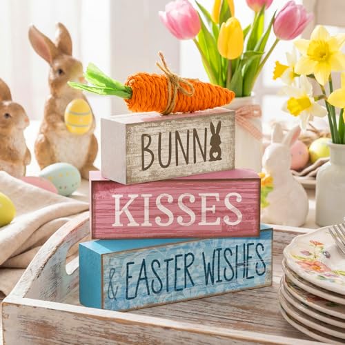 Moucuny 4 Pcs Easter Table Decoration Wooden Block Carrot Decor Easter Tiered Tray Decoration Cute Bunny Centerpiece Rustic Carrot Sign Gift for Holy Week Kitchen, Party, Entryway Fireplace Decor - style: Easter