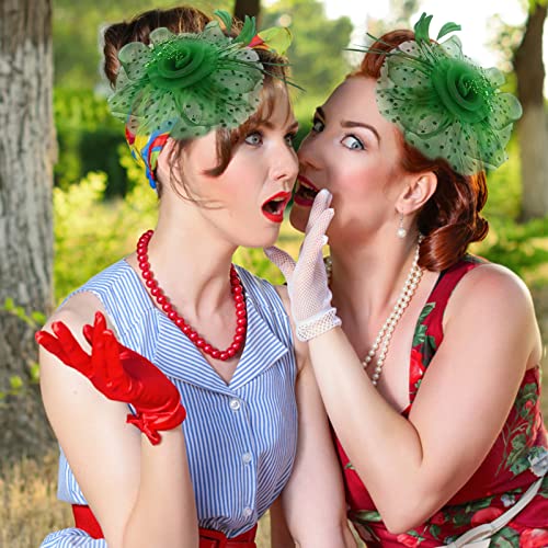 Fascinators Hats with Gloves Set for Women 20s 50s Cocktail Tea Party Wedding Costume Headwear - color: B-blackish Green