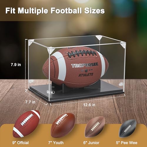 GYaozii Football Display Case, Thickened UV Protection Clear Acrylic Lid Football Holder, Wood Football Base Stand Football Cases for Signed Football Full Size - size: Football Display Case-Black