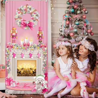 Buryeah Christmas Door Cover Decoration Christmas Fireplace Door Cover Xmas Nutcracker Banner Backdrop Photo Booth Prop Background for Winter Xmas Holiday New Year Party 6.5 x 3 Feet (Cute) - style: Cute