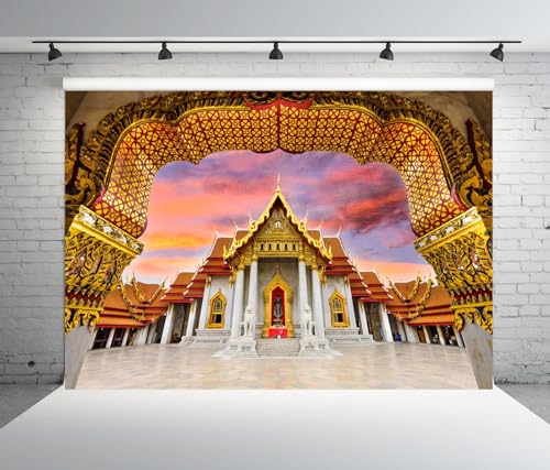 9x6ft Fabric Thailand Marble Temple Backdrop for Photography Bangkok Indian Style Marble Temple Thailand Landmark Architecture Background Asian Temple Buddhist Backdrop Photo Studio Props - size: 9x6FT