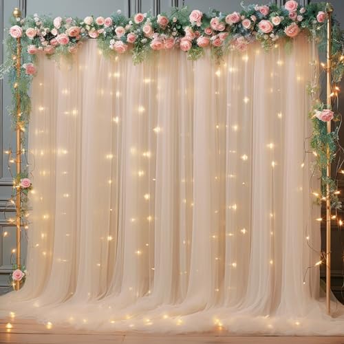 10x8ft Champagne Tulle Backdrop Curtain with Lights String for Parites, Sheer Backdrop Curtains for Wedding Baby Shower Birthday Party Photo Shoot Decorations - color: Champagne, size: 10ft x 8ft(2 Panels 5*8ft)