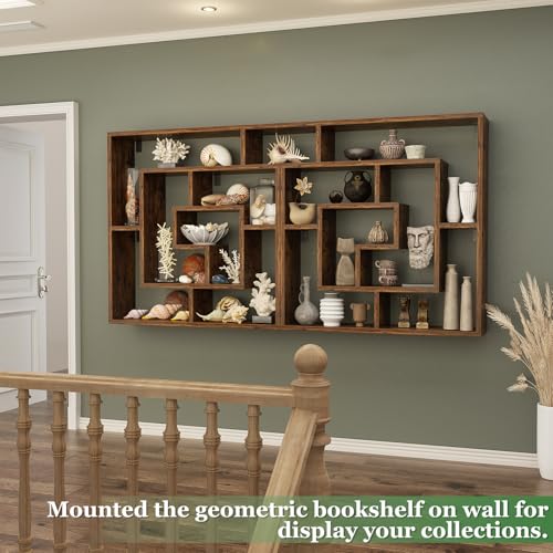 Armocity 6 Tier Display Book Shelf Wall Mounted Bookshelf Freestanding Geometric Bookcase Floating Book Shelves for Wall Bedroom Living Room Home Office, 45.5"(W) * 47"(H), Rustic Brown - color: Rustic Brown