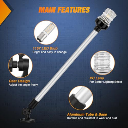 Nilight Marine Boat Stern Light 24Inch White Fold Down Anchor Lights 12V 24V Waterproof 360° Lighting Navigation Lamp for Fishing Ship Sailboat Yacht Pontoon Speedboat Dinghy - color: 24Inch Boat Stern Light