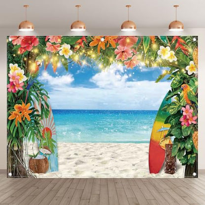 8x6ft Fabric Summer Hawaiian Beach Photography Backdrop Tropical Flower Palm Leaves Surfboard Background Aloha Luau Decorations Photo Banner - size: 8'x6'