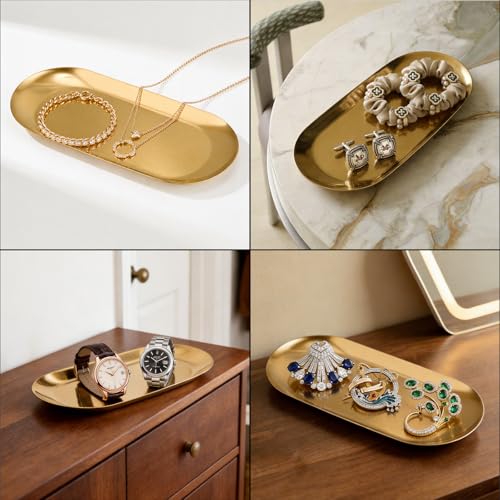Vaincre Gold Decorative Jewelry Tray - 2PCS Stainless Steel Oval Trinket Ring Holder Dish, 7” Small Bathroom Vanity Kitchen Jewelry Plate Tray Decor for Storing Perfumes, Cosmetics, Candles, Key