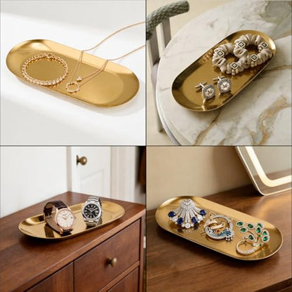 Vaincre Gold Decorative Jewelry Tray - 2PCS Stainless Steel Oval Trinket Ring Holder Dish, 7” Small Bathroom Vanity Kitchen Jewelry Plate Tray Decor for Storing Perfumes, Cosmetics, Candles, Key