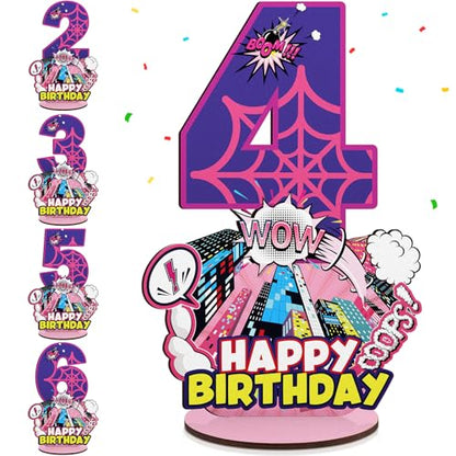 Baderke Pink Spider Theme Birthday Number Sign 16.7'' Purple Spider Birthday Centerpiece for Party Decor Wooden Table Photo Prop(4th) - style: 4th