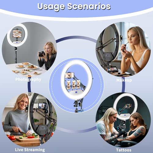 22" Foldable Large Ring Light with Stand for iPhone iPad,75" Tripod with Overhead Shooting Bracket 50W 6500K 4 Clips/LCD Display/2 USB PortsTattoo Barber Makeup Studio Video Photography Lighting - size: 22 inch Foldable with Tripod