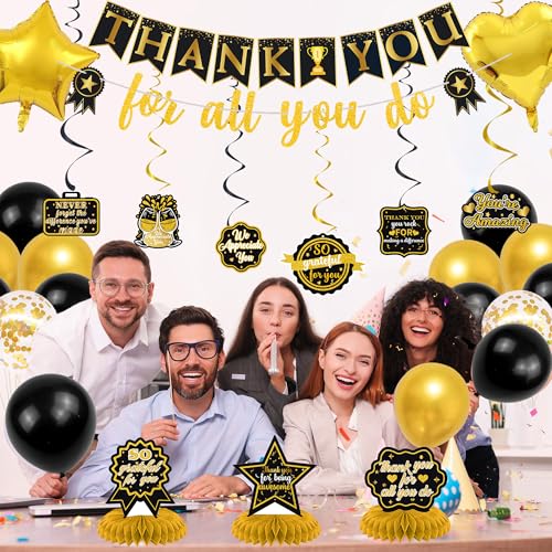 Vlipoeasn We Appreciate You Banner Decorations, Black Gold Thank You for All You Do Backdrop Banner Honeycomb Centerpieces, Retirement Office Decor Staff Teachers Professors Doctor Nurses Appreciation - style: Black Gold