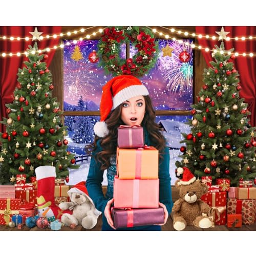 Christmas Backdrop - 10x8ft Winter Snowy Window Merry Christmas Photo Backdrop with Xmas Tree, Gifts, Eve Background, Festival Party Decorations Banner Props - color: NSW13498