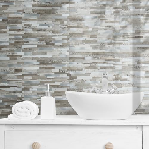AULIGET Peel and Stick Backsplash, Coffee & Brown Wood Look PVC Mixed Metal Stick on Bathroom Backsplash, 2 - color: Coffee & Brown Wood + Metal Silver, size: 2 Sheets, 6"x12"x0.12"