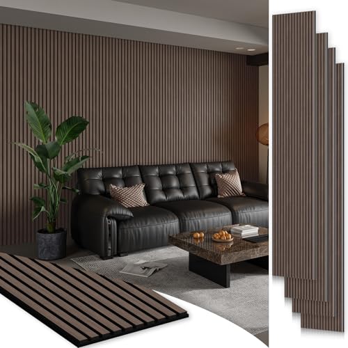 Smartstandard 4 Pack 105.9" x 12.6" Wood Slat Wall Panels, Soundproof Wooden Wall Panels, Acoustic Wood Panels for Wall, 3D Fluted Wood Panels for Interior Wall Decor, Dark Walnut - color: Dark Walnut, size: 106" x 50.4"
