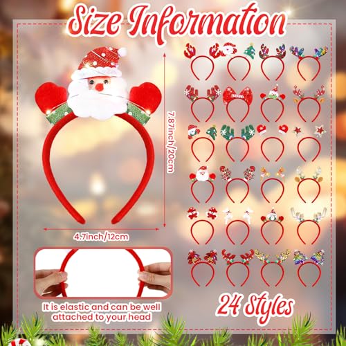 Jexine 24 Pcs Christmas Light up Headbands LED Christmas Headbands with Different Designs Reindeer Antler Santa Hat Tree Xmas Hat Bow Hair Hoop for Xmas Party Favors Decoration Adult Women