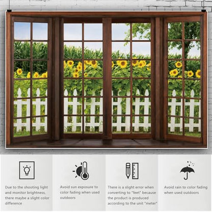 YongFoto 7x5ft Spring Window Scenery Backdrop Sunflowers Garden Rustic Fence Nature Landscape Photography Background Girl Woman Birthday Party Baby Shower Kids Adults Portrait Photo Studio Props - color: Green 4, size: 7x5ft