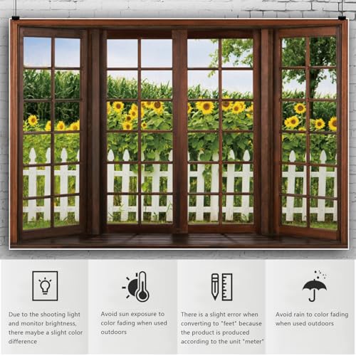 YongFoto 8x6ft Spring Window Scenery Backdrop Sunflowers Garden Rustic Fence Nature Landscape Photography Background Girl Woman Birthday Party Baby Shower Kids Adults Portrait Photo Studio Props - color: Green 4, size: 8x6ft
