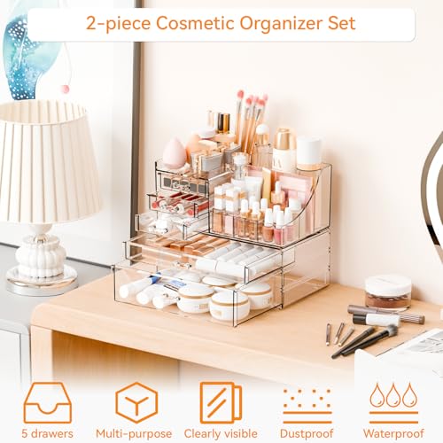 Yieach 2 Pack Clear Makeup Organizer Countertop for Dresser,Vanity and Bathroom Counter Organizer,Tiered Stackable Makeup Acrylic Organizers with 5 Drawer for Skincare,Brush and Make up Holders - style: 5 Drwers