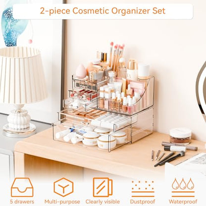 Yieach 2 Pack Clear Makeup Organizer Countertop for Dresser,Vanity and Bathroom Counter Organizer,Tiered Stackable Makeup Acrylic Organizers with 5 Drawer for Skincare,Brush and Make up Holders - style: 5 Drwers