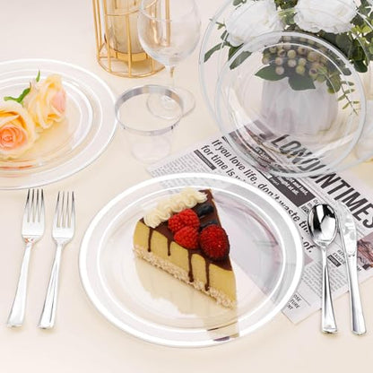 BESTSTAR 7 Inch Clear with Silver Rim Plastic Plates,100PCS Disposable Dessert/Appetizer/Small Cake Plates,Heavy Duty Plate Ideal for Wedding and Birthday Party - color: Clear Silver, size: 7 inch