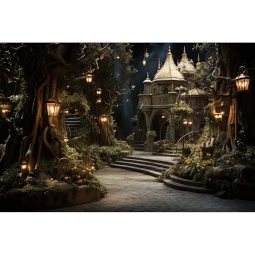 Night Fantasy Castle Backdrop Enchanted Forest with Magical Creatures and Plants Photography Background Mystical Garden Style Fantasy Landscape Backdrops Banner Party Photo Studio Props 5x4ft - color: Grey_Black, size: 5x4ft