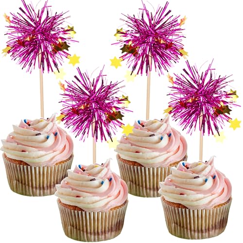 30 PCS Foil Firework Cupcake Toppers Happy Birthday Star Cupcake Picks Sparkle Tinsel Drink Stirrers Cocktail Fruit Toothpicks for Valentine's Day Wedding Birthday Party Decorations Supplies Purple - color: B-purple