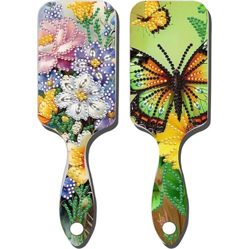 2Pcs Diamond Art Wooden Comb Craft Kit, 5D Special Shaped Rhinestone Diamond Painting Hair Accessories, DIY Sparkly Styling Comb for Daily Use Home Salon Decor (Butterfly Flower) - color: XX068 XX069