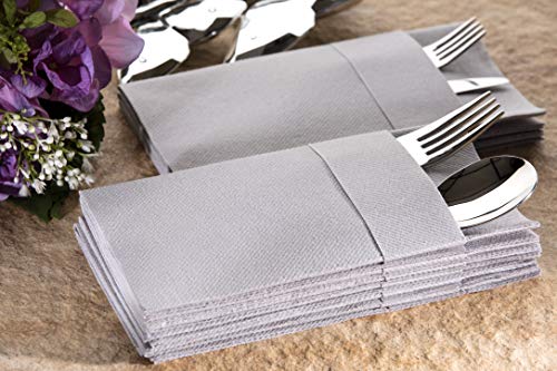 Moyes Home Gray Disposable Dinner Napkins with Pocket - Linen-Feel Pre-Folded Cloth-Like Paper Napkins for Silverware, Weddings, Dinner Parties, 16x16 in, Pack of 50 - color: Grey