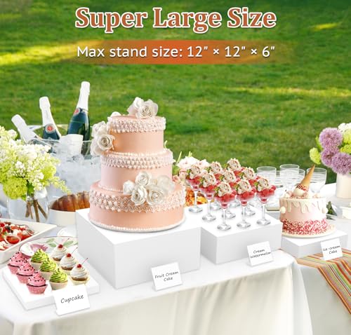 SUNEZLGO 8PCS Buffet Risers, Acrylic Large Food Risers with Mini Signs, Buffet Table Acrylic Cube Display Stands Box Risers for Party Catering Dessert Jewelry Nesting Risers with Hollow Bottom White - color: White