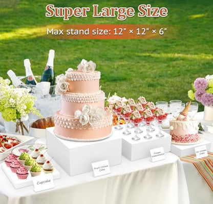SUNEZLGO 8PCS Buffet Risers, Acrylic Large Food Risers with Mini Signs, Buffet Table Acrylic Cube Display Stands Box Risers for Party Catering Dessert Jewelry Nesting Risers with Hollow Bottom White - color: White