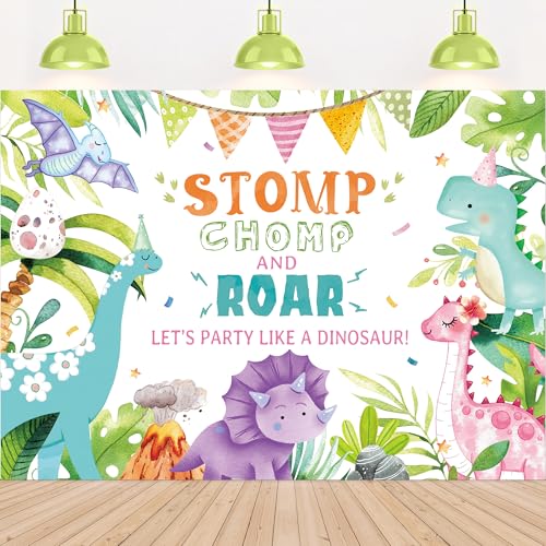 Cartoon Dinosaur Backdrop 7Wx5H Feet Watercolor Cute Dino Tropical Jungle Kids Birthday Baby Shower Party Photography Background Decorations Photo Booth Studio Prop Fabric - color: Cartoon Dinosaur, size: 7Wx5H