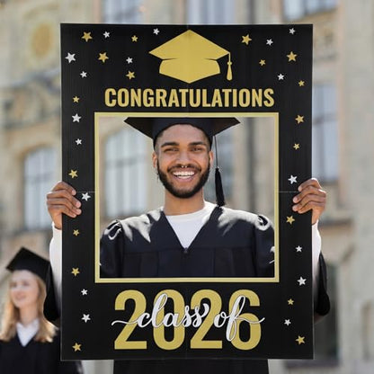 Vicenpal Large Graduation Photo Booth Prop PVC Frame for Photoshoot Class of 2026 Decoration Congrats Grad Party 32 x 24 Inch Black and Gold Hollow Board Suitable for Graduation Party Supply Gifts