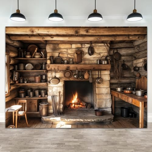 Rustic Kitchen Backdrop, Farmhouse Western Old Wooden House Kitchen Interior Background Rural Fireplace Cooking Utensils Background, Party Decoration Studio Photography Banner Booth Props 20x10ft - color: A-Color, size: 20X10FT