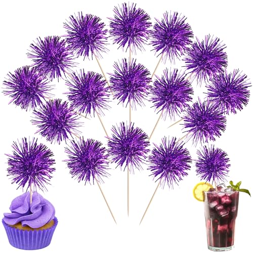 40 PCS Foil Firework Cupcake Toppers Fireworks Cupcake Picks Sparkle Tinsel Cake Decorations Cocktail Fruit Toothpick for Firework Theme Birthday Wedding Graduation Party Decorations Supplies Purple - color: Z-purple