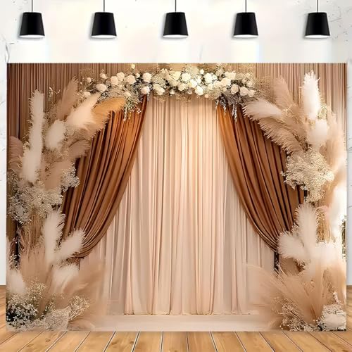 Bohemian Backdrop Beige Curtains Background Pampas Grass Floral Interior Decoration Girl Birthday Party Wedding Pregnant Portrait Photo Newborn Baby Photo Studio Props (7X5FT) - size: 7X5FT
