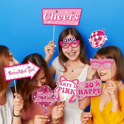 30Pcs Pink Girl Birthday Photo Booth Props with Sticks,Hot Pink Girls Birthday Party Decoration Supplies for Girls Women Disco Night Bachelorette Party Photo Booth Props