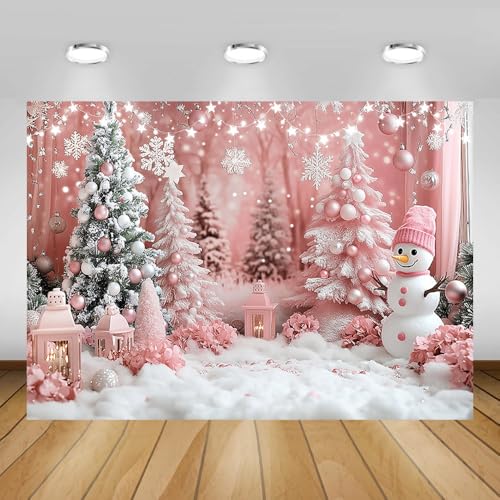 AIBIIN 7x5ft Pink Christmas Backdrop Pink Winter Wonderland Snowman Snowflake Photography Background Winter Snow Scene Birthday Baby Shower Vinyl Photo Studio Props - color: Snow Scene, size: 7x5ft