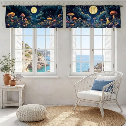 Mushroom Forest Curtain, Two-Pack, Enchanted Night Fantasy Moon,Applicable to Bathroom, Bedroom, 54x18 inches. - color: Mushroom Forest