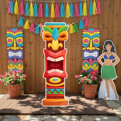 Yalikop 6 Ft Hawaii Tiki Cardboard Cutout Stand Up Photo Prop - Hawaiian Tropical Party Decorations Standee Tiki Totem Foam Board for Garden Yard Sign Decor Summer Luau Photography Background - style: Tiki Style 2
