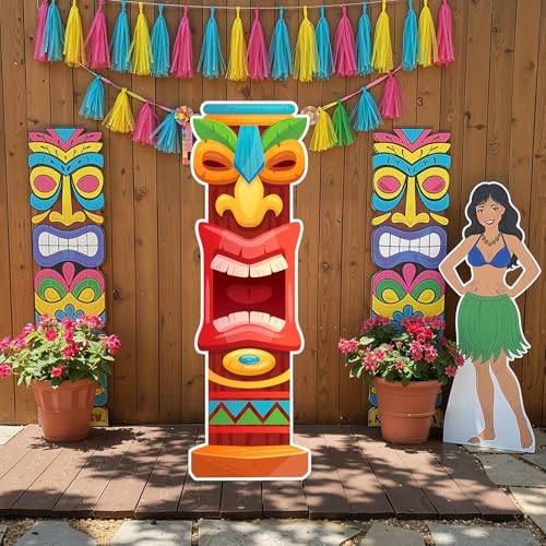 Yalikop 6 Ft Hawaii Tiki Cardboard Cutout Stand Up Photo Prop - Hawaiian Tropical Party Decorations Standee Tiki Totem Foam Board for Garden Yard Sign Decor Summer Luau Photography Background - style: Tiki Style 2