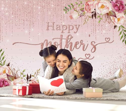 Mocsicka Happy Mother's Day Backdrop Floral Golden Dots Mothers Day Birthday Photography Background for Women Vinyl Thanks Mother's Day Photo Booth Props (8x6ft) - size: 8x6ft