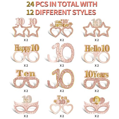 Guiruiy 24PCS 10th Birthday Paper Eyeglasses Decorations for Girls, Pink Rose Gold Happy 10th Birthday Eyeglasses Party Supplies, Funny Ten Year Old Birthday Glasses Photo Props Decor - style: Rose Gold 10th