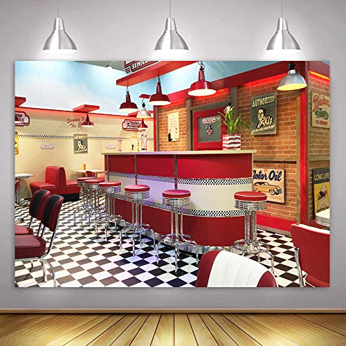 7x5ft Classic Dining Background Fast Food Soda Shop 50s Resumed Catering Meal Time Background Photography Banner Picture Child Birthday Shower Backdrop Decor BJHXME279 - size: 7x5ft