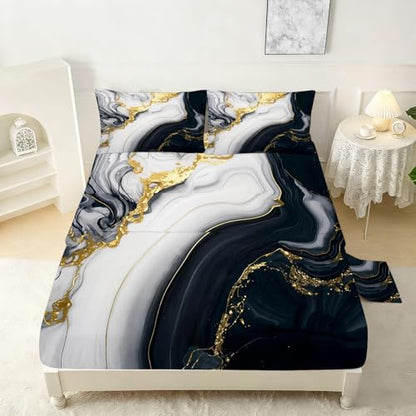 3D Marble Fitted Sheet Set Full Size for Kids Women Men Modern Marble Sheet Sets Soft Microfiber Bed Sheet Black Gold Grayish White Bedspread 1 Fitted Sheet+1 Flat Sheet+2 Pillowcases - color: 3d Marble, size: Full