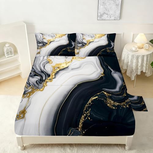 Marble Sheet Sets Queen Size for Boys Women Men Teens Bedroom Decor Black Gold Marble Fitted Sheet Set Mordern Bed Sheet Soft Microfiber Bedspread 1 Fitted Sheet+1 Flat Sheet+2 Pillowcases - color: 3d Marble, size: Queen