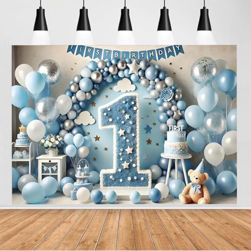 1st Happy Birthday Backdrop Blue Balloons Clouds Large Number 1 Text Design Newborn Boy Girl Birthday Party Decoration One Year Old Kids Cake Smash Decoration Studio Photo Props (A, 8X6FT) - color: A, size: 8X6FT