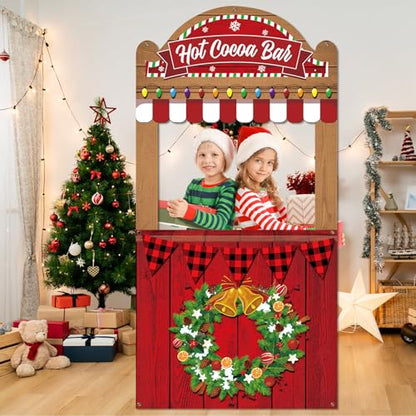 Christmas Theme Party Decorations Hot Cocoa Bar Photography Studio Props Hot Cocoa Bar Theme Photo Booth Props Hanging Backdrop Banner for Kids Family Photo Booth Winter Xmas Holiday Party Supplies