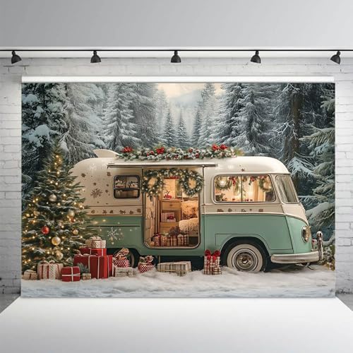 AIBIIN 7x5ft Winter Christmas Camper Backdrop Holiday Wonderland Decorations Snowy Forest Christmas Van Photo Background with Christmas Tree, Gifts, Snowflakes and Garland - color: Camper Van, size: 7x5ft