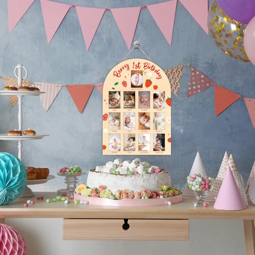 Strawberry My First Year Photo Board, Berry 1st Birthday Baby Milestone Signs for Boys Girls Nursery Decor, 12 Month Wooden Picture Board for 2x3 Photos, Best Babies Keepsake Gifts-A17 - color: Strawberry 3