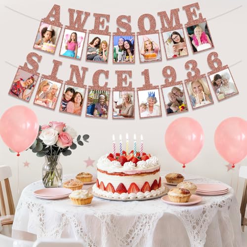 Pre-strung Awesome Since 1936 Photo Banner Birthday Decorations for Women- Pink Rose Gold Glitter 90th Birthday and Anniversary Decorations Party Supplies - style: Pink Rose Gold 90th
