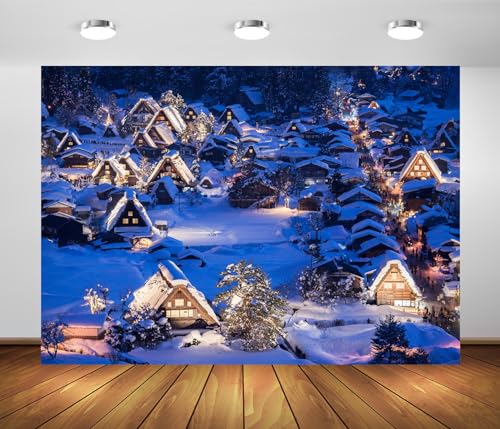 7x5ft Fabric Winter Village Backdrop Christmas Snowy Village Night Winter Scene Background for Xmas Eve Party Decorations New Year Family Party Photo Props - size: 7x5FT